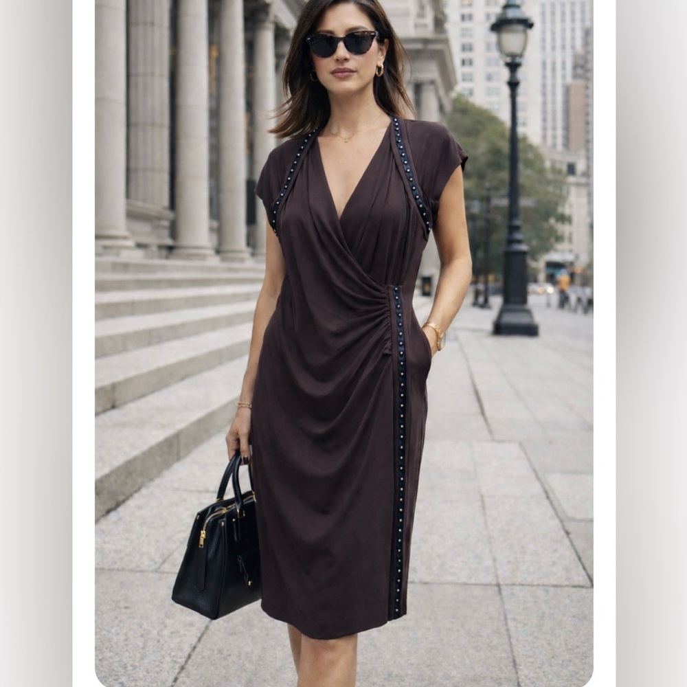 Carmen Marc Valvo Studded V Neck Wrap Dress Look w/ Faux Leather Accent Brown XL